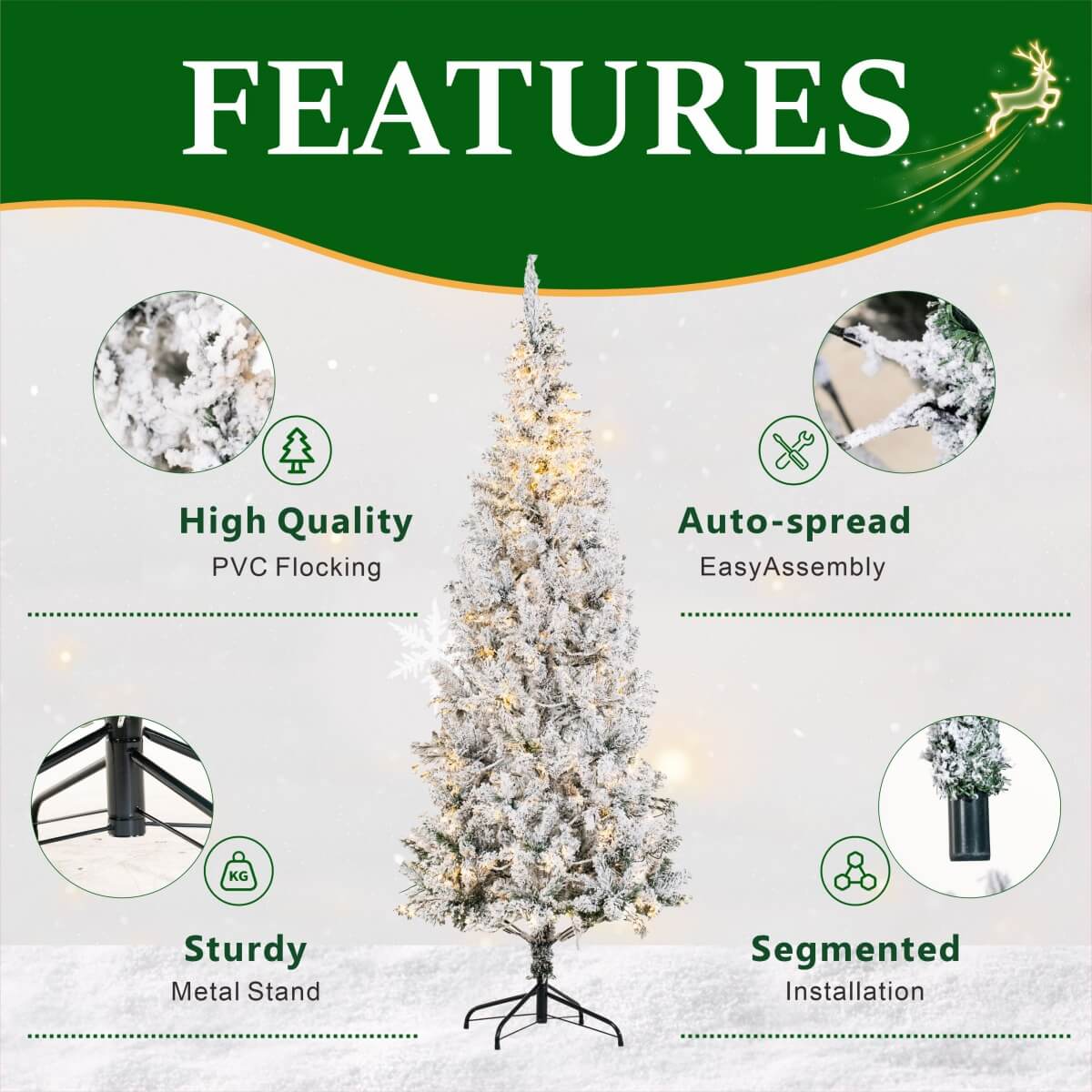Snow-Flocked Green Artificial Christmas Tree - Realistic Full PVC Xmas Tree with Pre-Lit Warm White LED Lights & Faux Snow Effect, 5ft/6ft/7ft