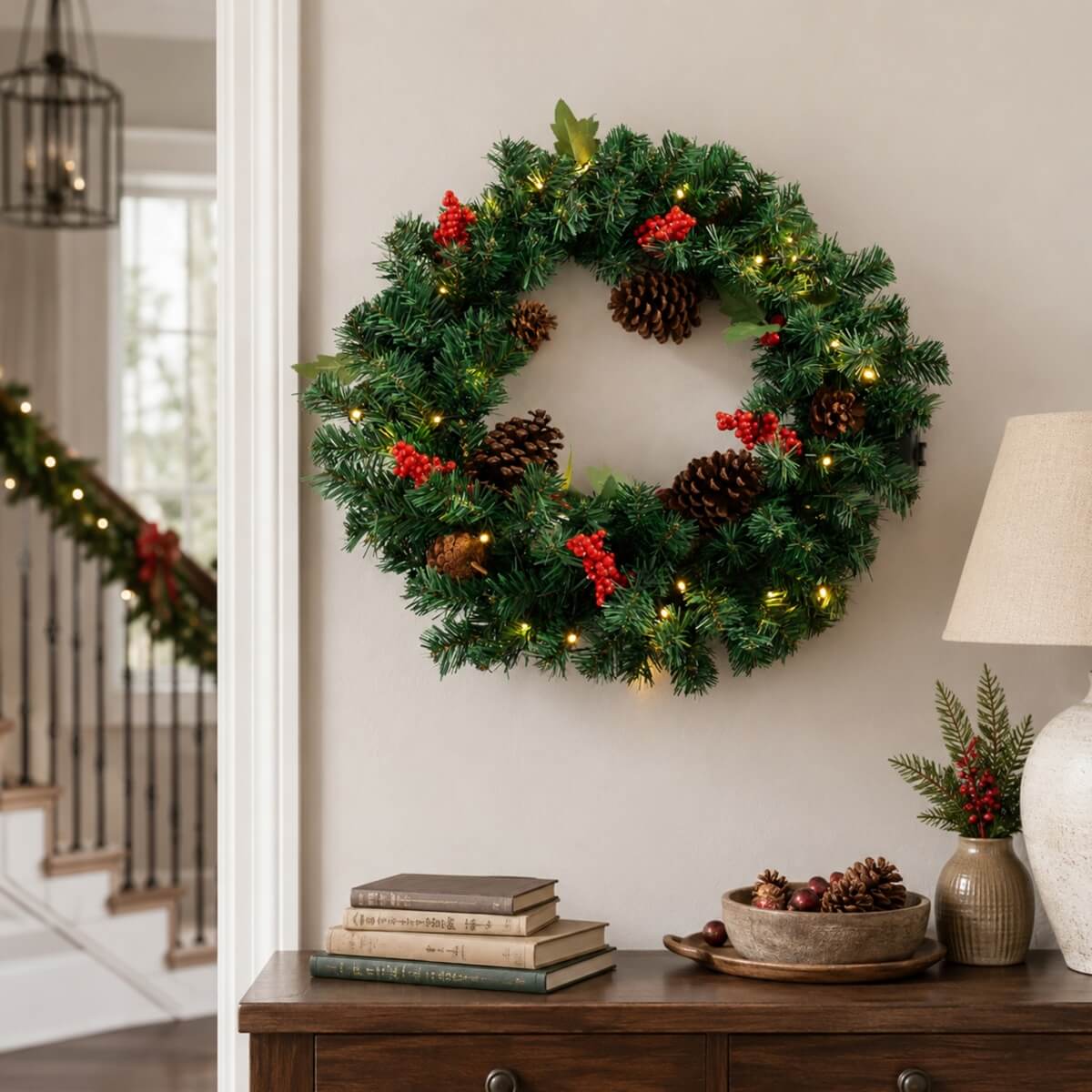 PVC & PE Evergreen Christmas Wreath with Red Berry Clusters & Pine Cones
