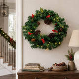 PVC & PE Evergreen Christmas Wreath with Red Berry Clusters & Pine Cones