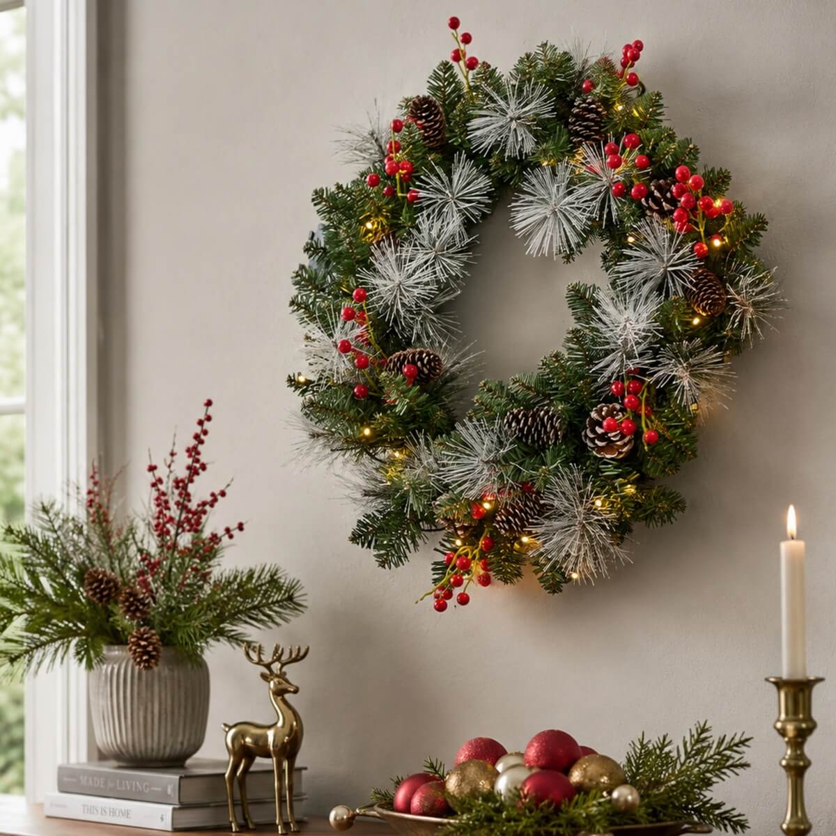 PVC & PE Christmas Garland with Red Berries & Pine Cones - Realistic Evergreen Foliage
