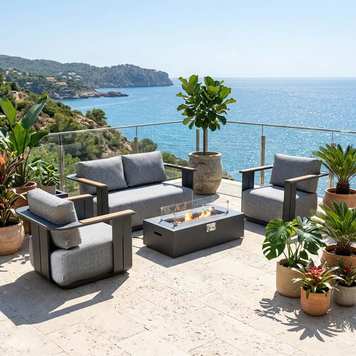 VAREL 4-Piece Sofa Set with ZENITH Fire Pit Table (2 Armchairs + 2-Seater)
