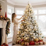 Realistic Snow-Flocked Green Artificial Christmas Tree - Full PVC & PE Mixed-Foliage Xmas Tree with Pre-Lit Warm White LED Lights & Faux Snow Effect, 6ft/7ft/8ft