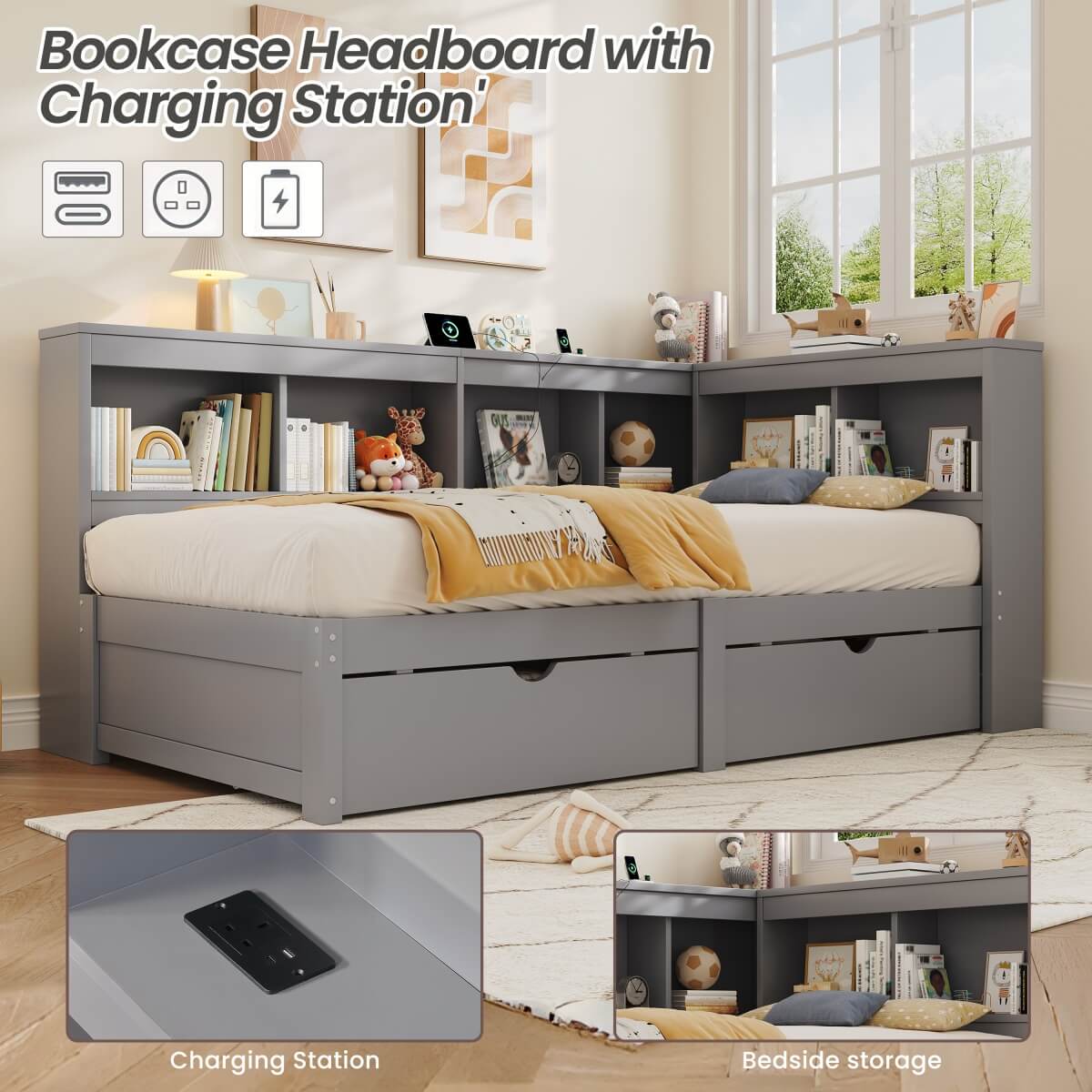 3ft Single L-Shape Daybed with 2 Storage Drawers & Bookcase - Modern Wooden Bed Frame with Charging Station, Grey