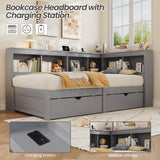 3ft Single L-Shape Daybed with 2 Storage Drawers & Bookcase - Modern Wooden Bed Frame with Charging Station, Grey