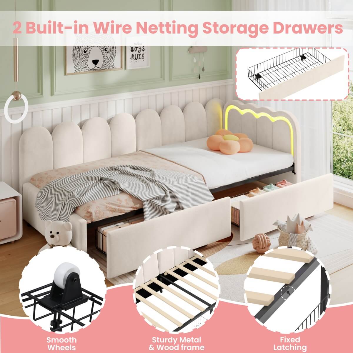3ft Single Velvet Daybed - RGB LED Lights, 2 Storage Drawers, Scalloped Backrest, Beige