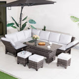 Premium Aluminium Modular Sofa Set - 9-Seater with Gas-Lift Armrests & Adjustable Table, Grey/Brown