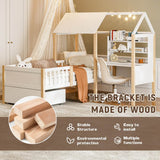Kids House Bed with Safety Guard Rail - Solid Wood Bed Frame with L-Shaped Desk, Bookcase & Rolling Storage Drawers, White