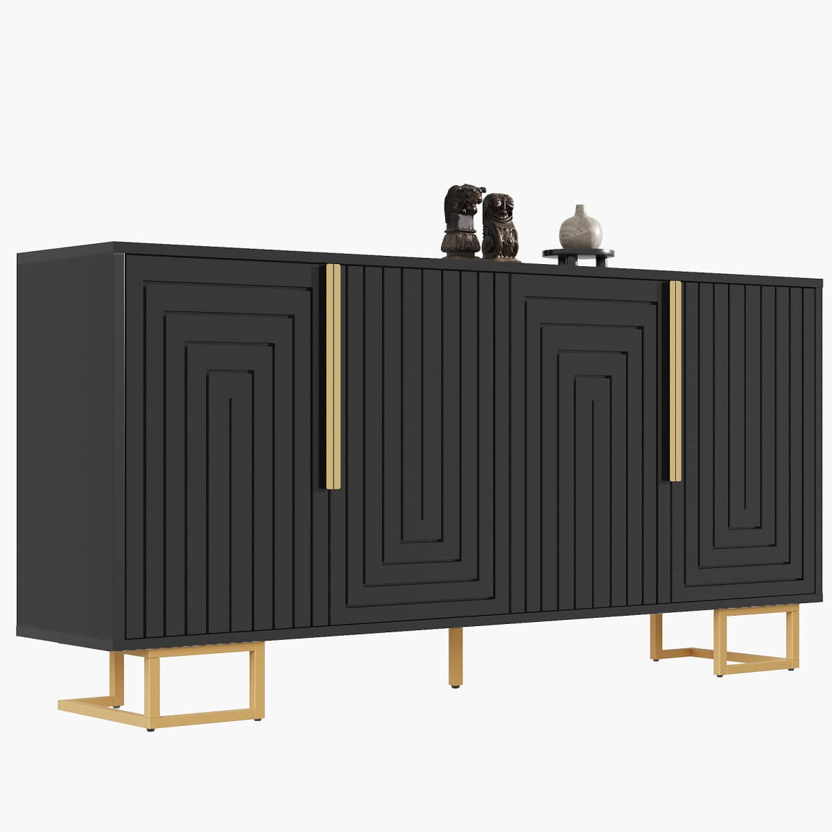 Black Sideboard with Geometric Design - Modern Storage Cabinet with Gold Handles and Gold Legs