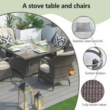 4-Seater Rattan Fire Pit Table Set - Square Gas Fire Pit Table with Wind Guard & Tempered Glass, Brown