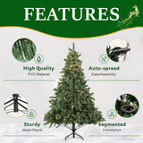 Realistic Full Green Artificial Christmas Tree - PVC Xmas Tree with Pre-Lit Warm White LED Lights, Easy Setup & Indoor Festive Decoration, 6ft/7ft/8ft