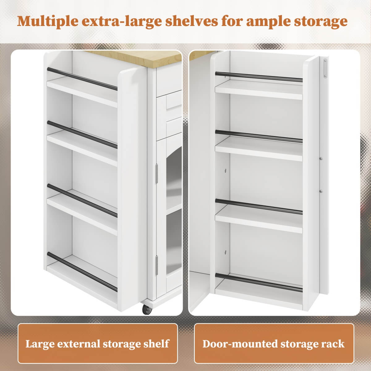 Kitchen Island Trolley - Foldable Worktop, Storage Shelves, Drawer, Wheels