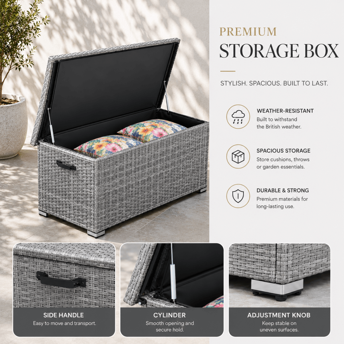 Small Outdoor Rattan Storage Box - Weather-Resistant Garden Storage Chest, Grey