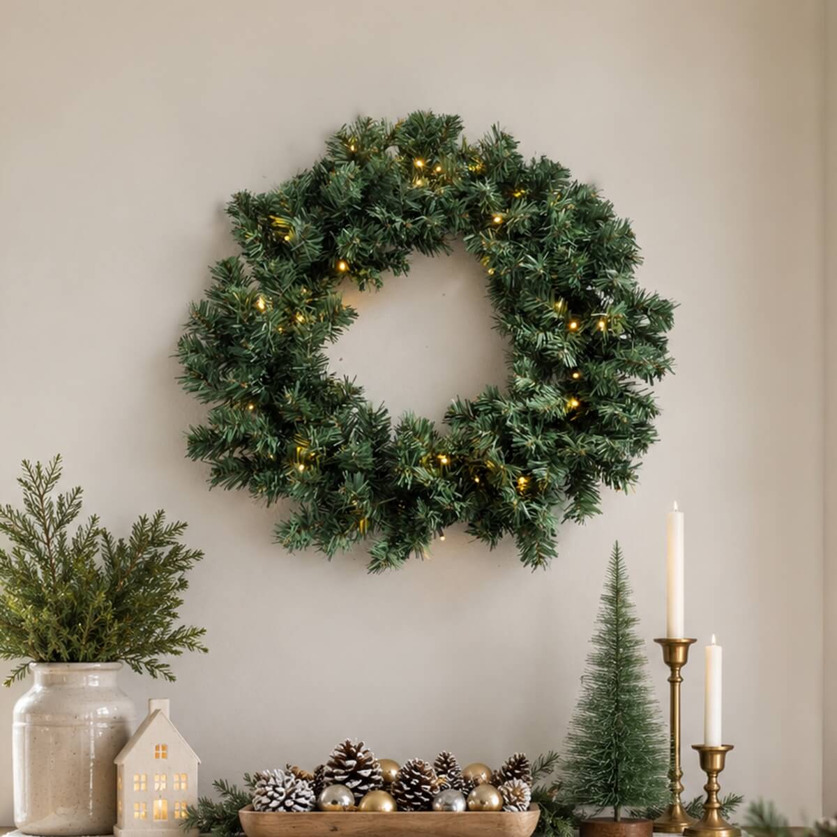 Pre-Lit Artificial Christmas Wreath - Realistic PVC Foliage Wreath with Warm White LED Lights for Door & Home Decoration