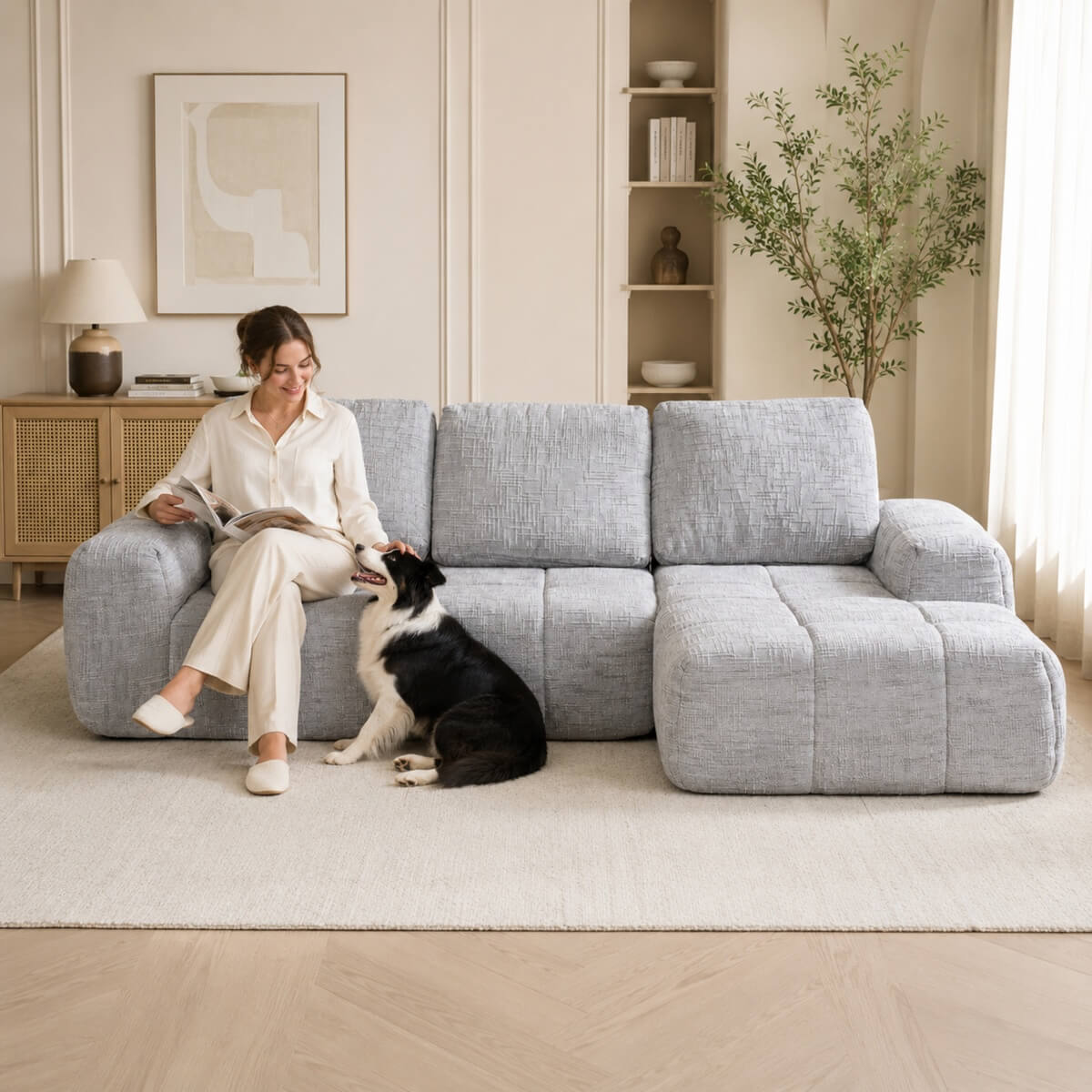 SOFTY Compressed Sectional Sofa with Chaise (Textured Line Design)