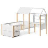 Kids House Bed with Safety Guard Rail - Solid Wood Bed Frame with L-Shaped Desk, Bookcase & Rolling Storage Drawers, White