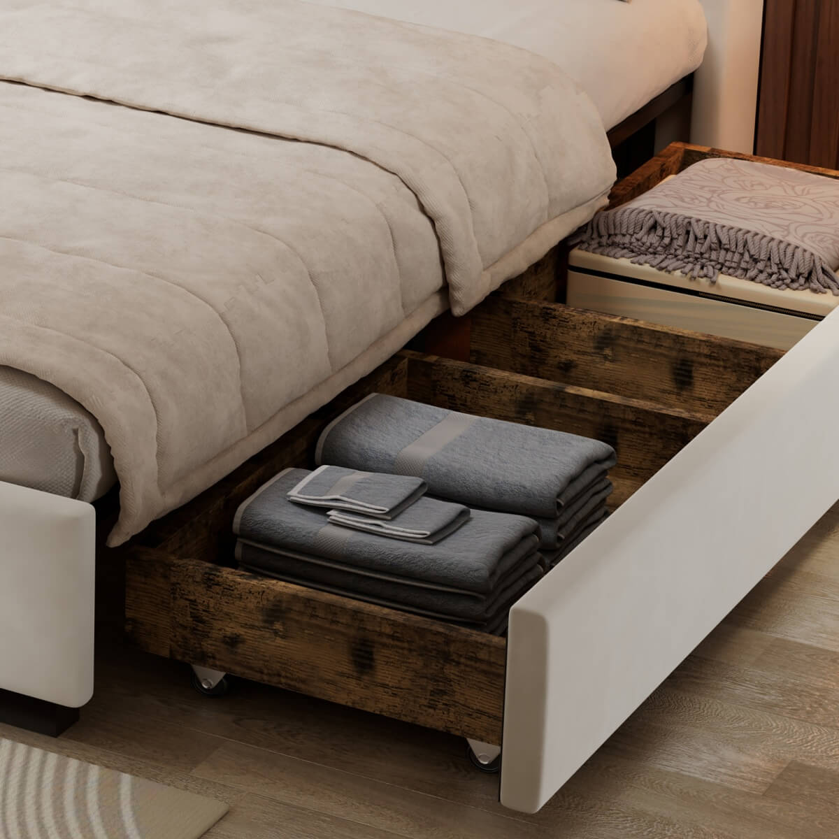 4ft6 Double Velvet Storage Bed - Upholstered Bed Frame with 4 Drawers and Soft Headboard, Beige