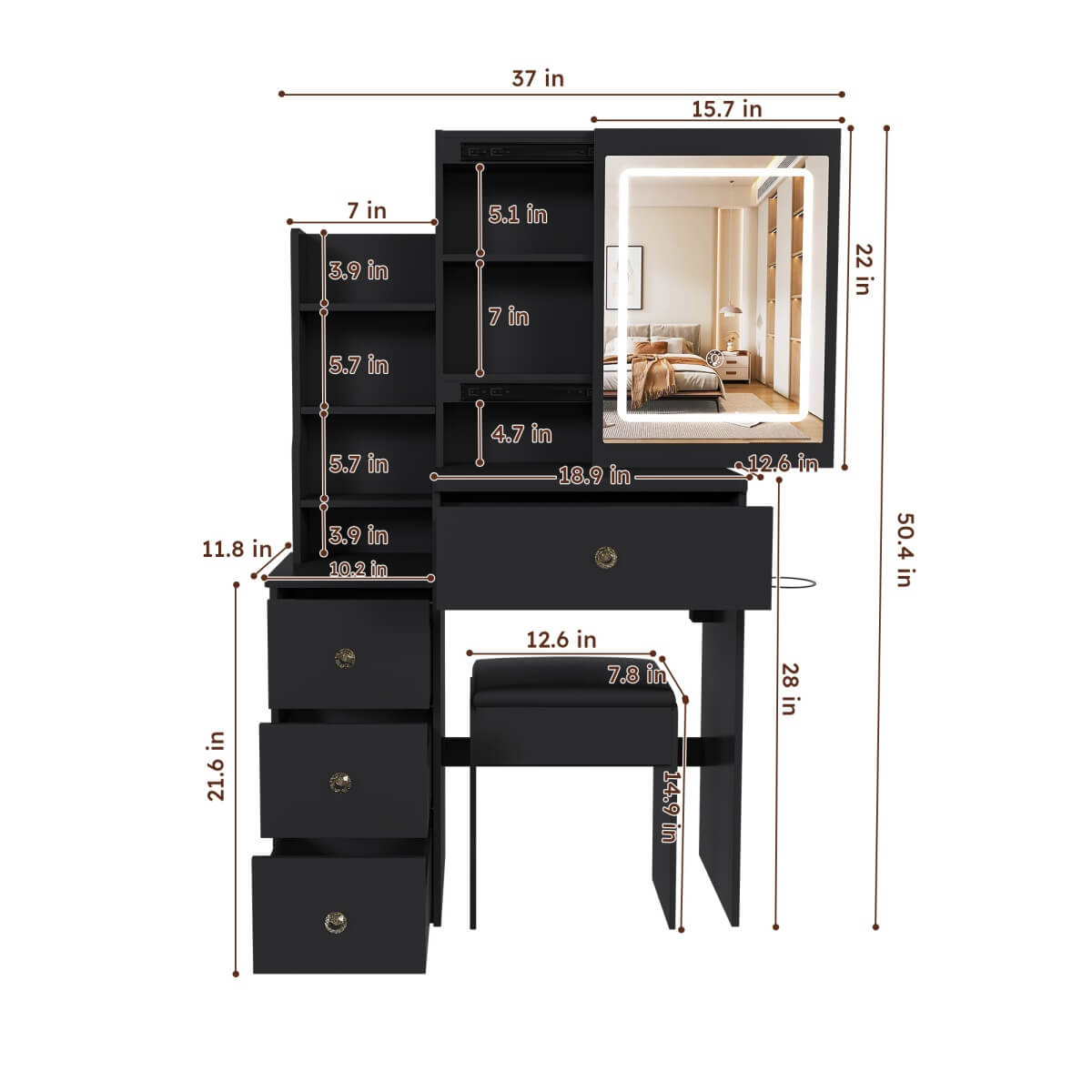 Modern Black Vanity Desk with 3-Mode LED Lighting - Dressing Table with 4 Drawers, Open Storage Shelves, Hair Dryer Holder, Power Socket & Chair
