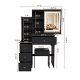 Modern Black Vanity Desk with 3-Mode LED Lighting - Dressing Table with 4 Drawers, Open Storage Shelves, Hair Dryer Holder, Power Socket & Chair