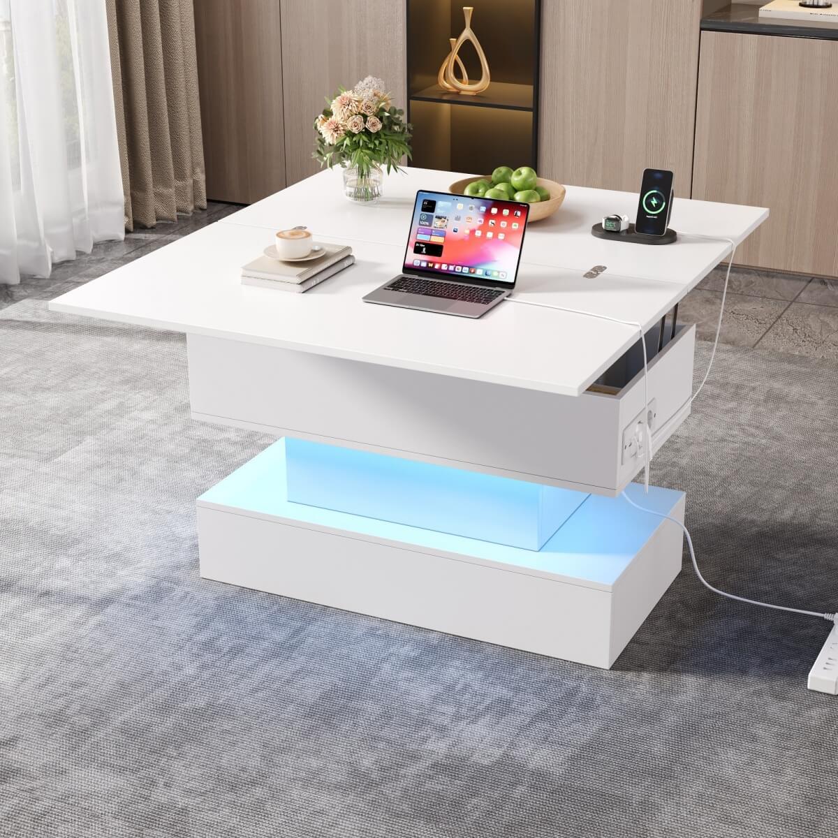 Lift Top LED Coffee Table - Height Adjustable Table with Power Outlet, USB C Charging and Storage