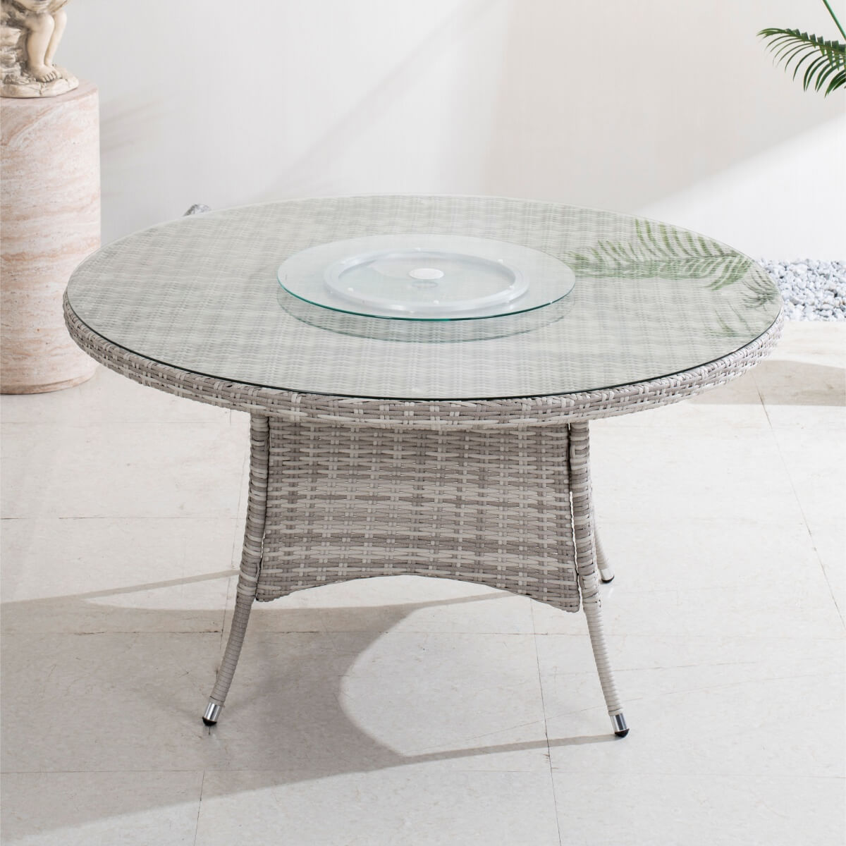 6 Seater Outdoor Rattan Round Dining Table - Glass Turntable & Parasol Hole Garden Table
