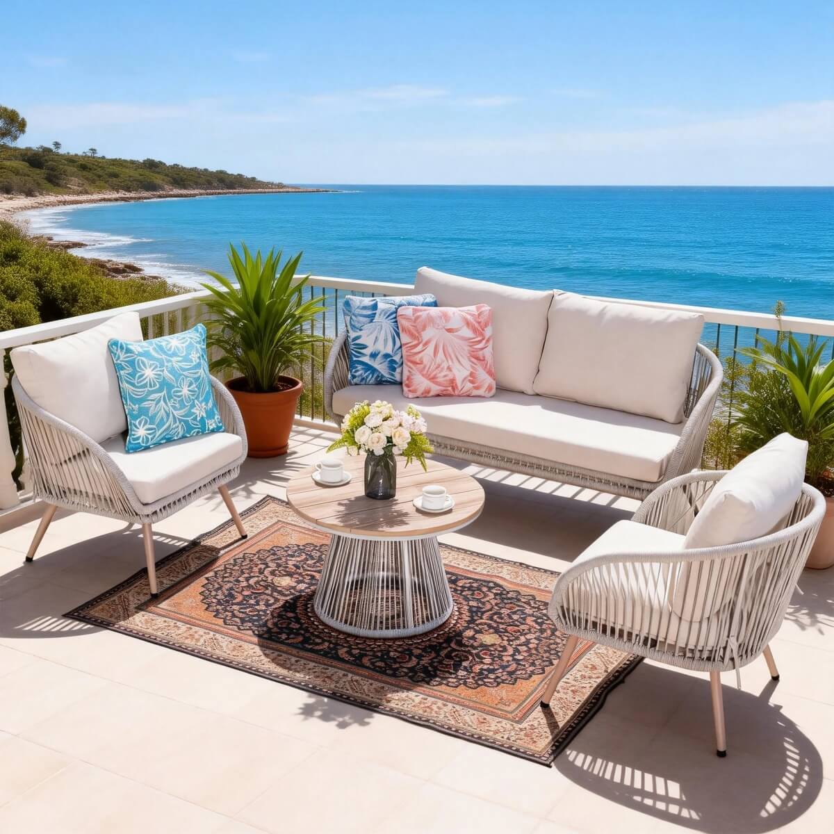 4-Seater Outdoor Sofa Set with Round Coffee Table - Metal Garden Patio Furniture Set