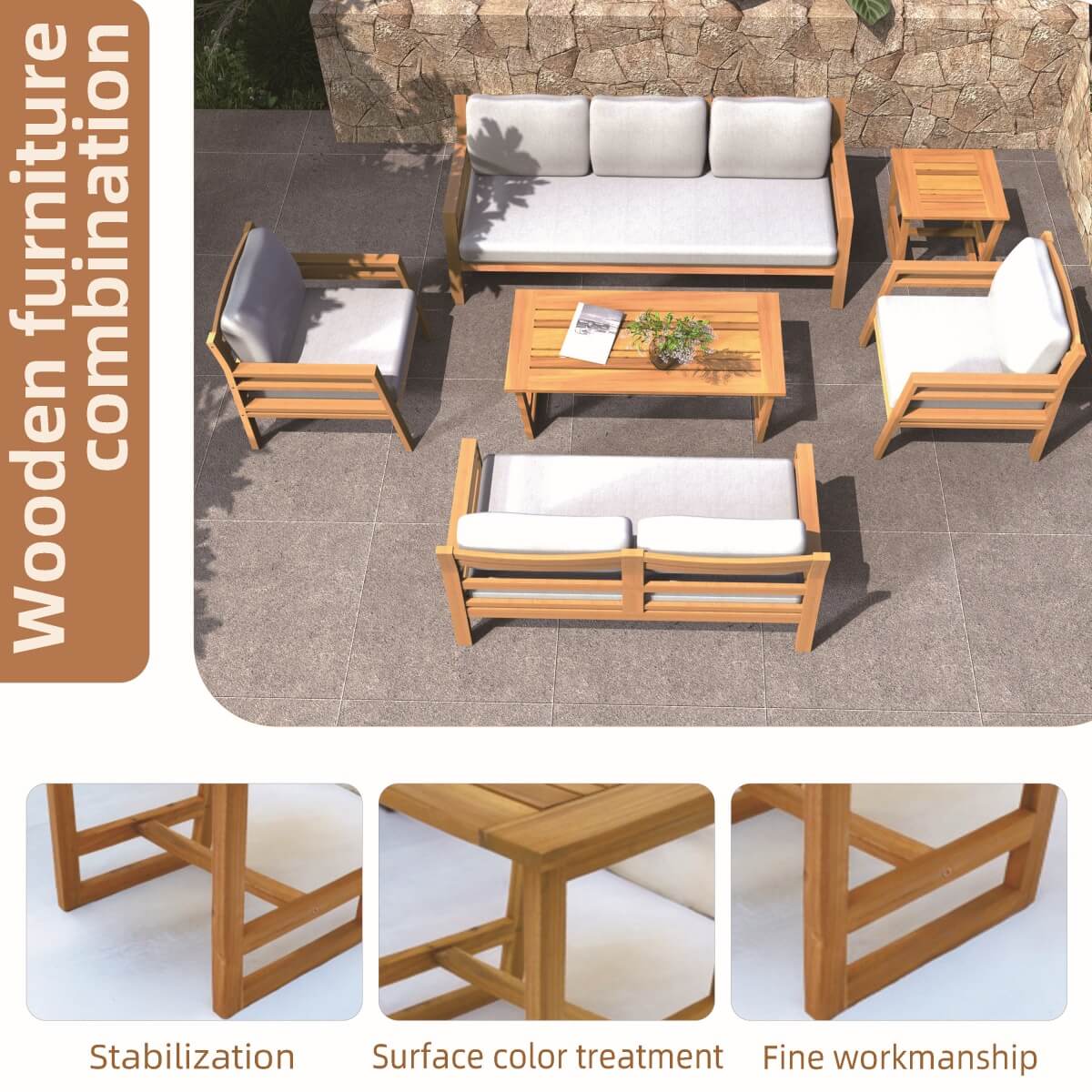 5-Seater Acacia Wood Outdoor Sofa Set – Solid Wood Garden Lounge with Coffee Table and Side Table