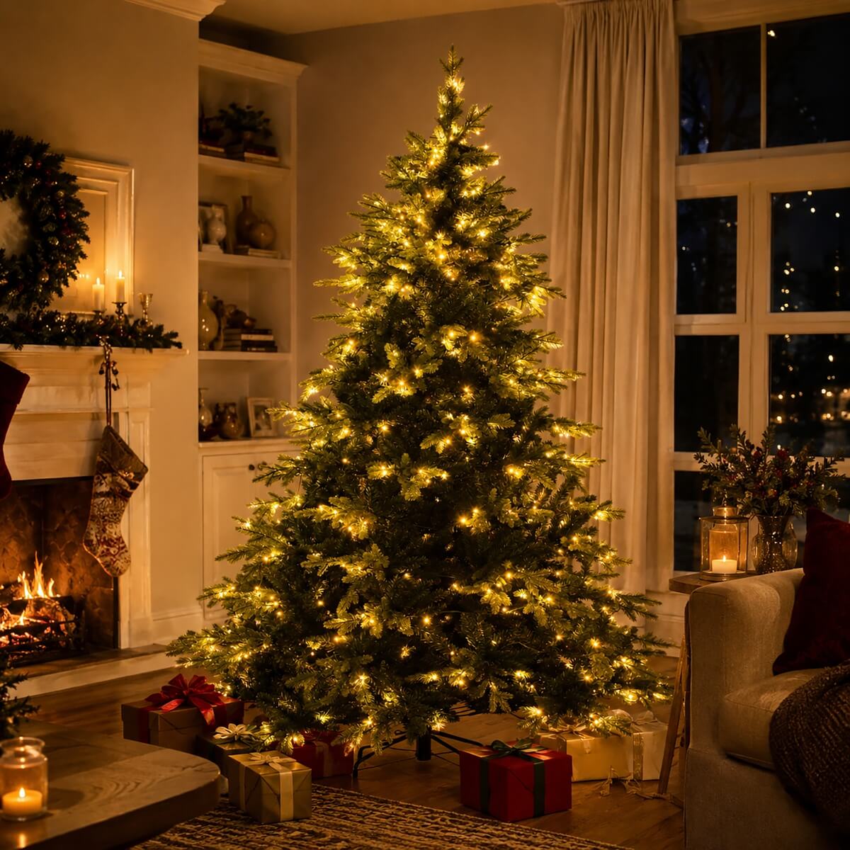 Realistic Full Green Artificial Christmas Tree - PVC & PE Mixed-Foliage Xmas Tree with Pre-Lit Warm White LED Lights, Easy Setup, 6ft/7ft/8ft