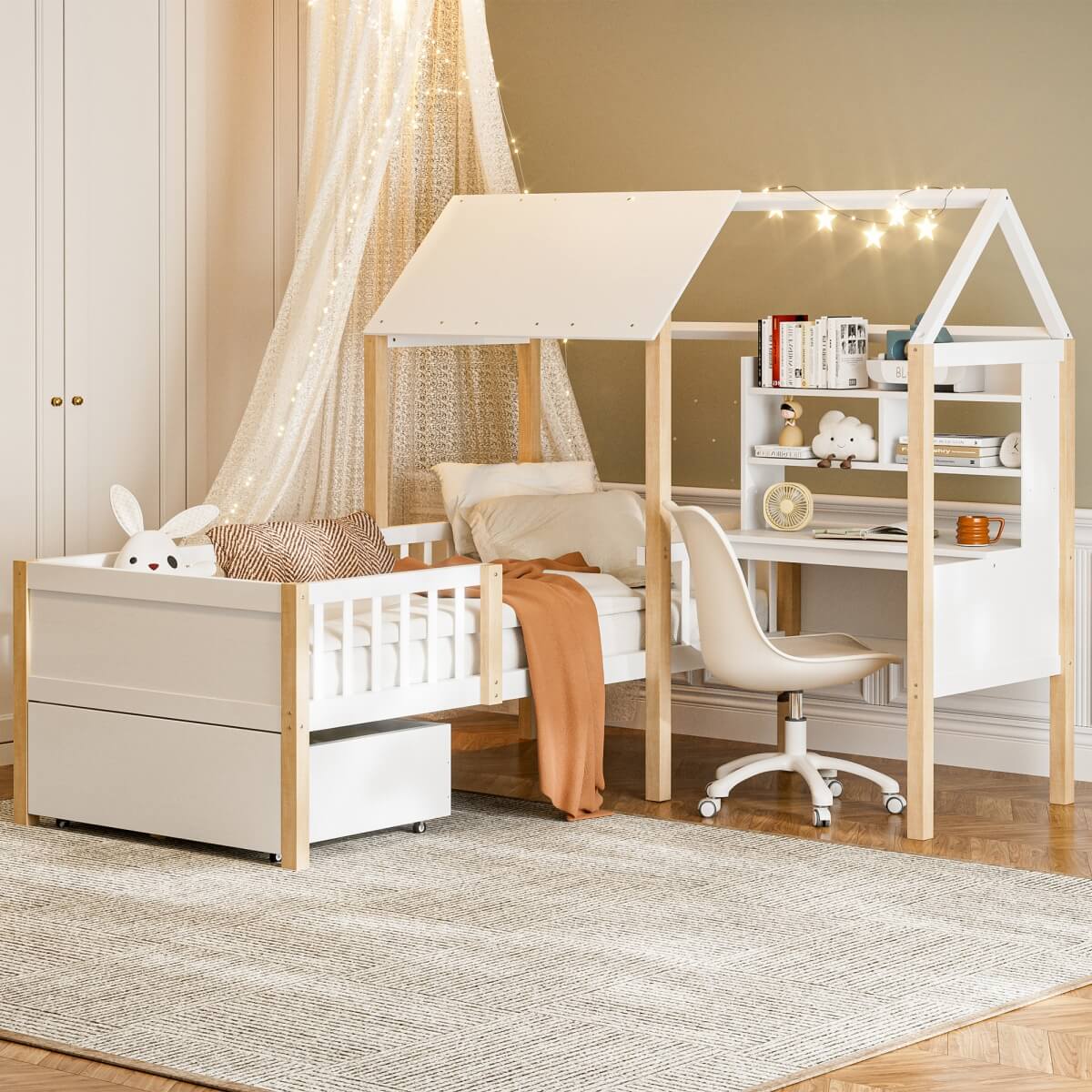 Kids House Bed with Safety Guard Rail - Solid Wood Bed Frame with L-Shaped Desk, Bookcase & Rolling Storage Drawers, White