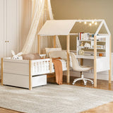 Kids House Bed with Safety Guard Rail - Solid Wood Bed Frame with L-Shaped Desk, Bookcase & Rolling Storage Drawers, White
