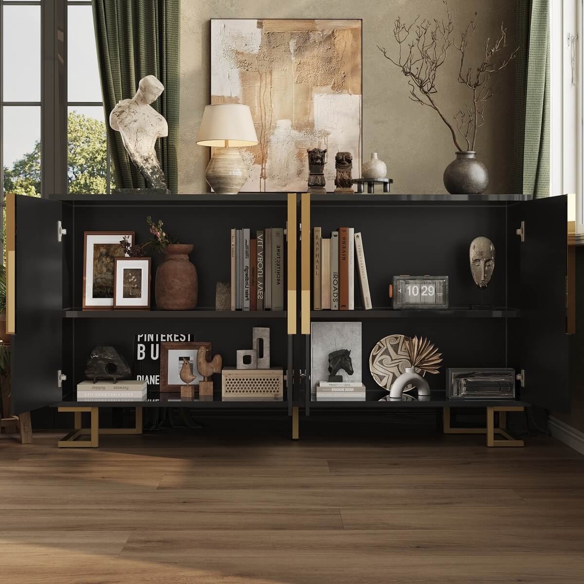 Black Sideboard with Geometric Design - Modern Storage Cabinet with Gold Handles and Gold Legs