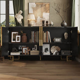 Black Sideboard with Geometric Design - Modern Storage Cabinet with Gold Handles and Gold Legs