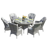 6 Seater Outdoor Rattan Dining Set - Round Table with Tempered Glass Top, Lazy Susan & Parasol Hole