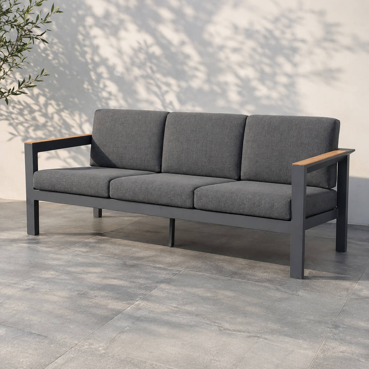 ARVE 3-Seater Outdoor Sofa  Spacious Aluminium Garden Sofa with Teak Detail