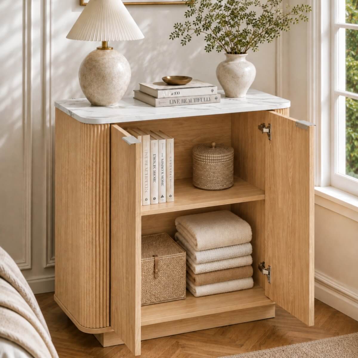 Fluted 2-Door Sideboard - Oak Effect with Marble Effect Top, 2-Tier Shelves, Rounded Corners and Metal Handles