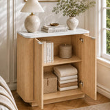 Fluted 2-Door Sideboard - Oak Effect with Marble Effect Top, 2-Tier Shelves, Rounded Corners and Metal Handles