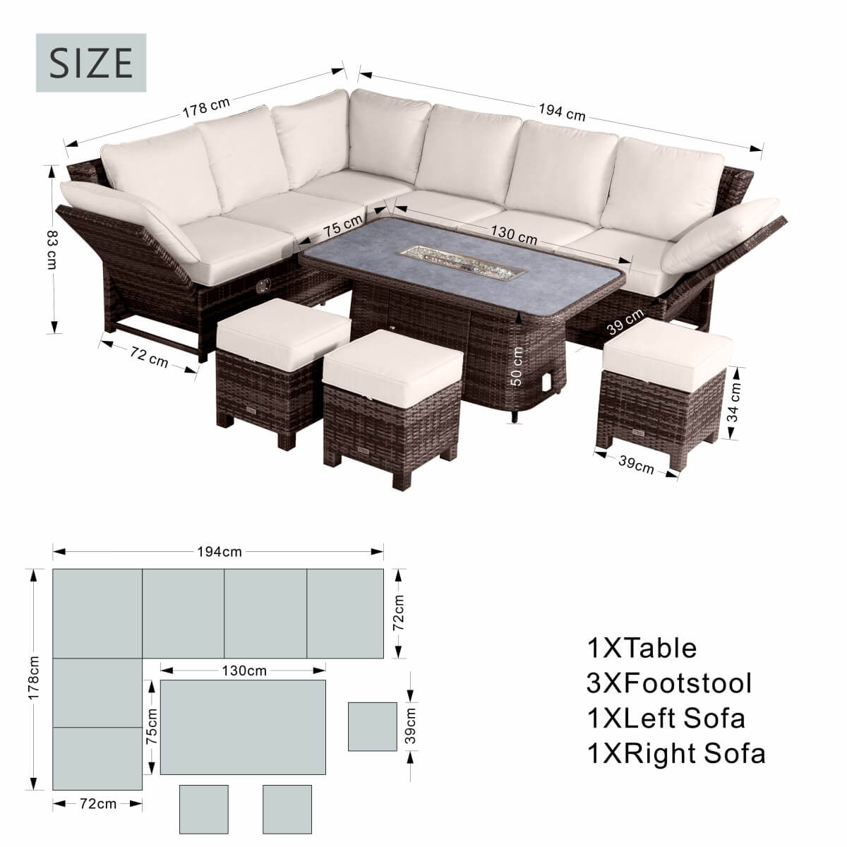 9-Seater Aluminium Fire Pit Sofa Set - Lift-Top Table with Adjustable Armrests