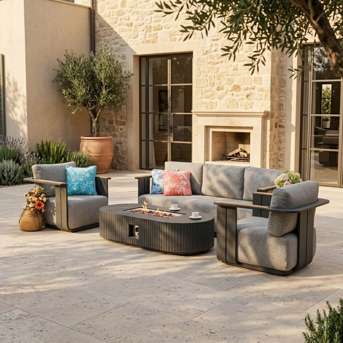 VAREL 4-Piece Sofa Set with LYRIN Fire Pit Table (2 Armchairs + 3-Seater)