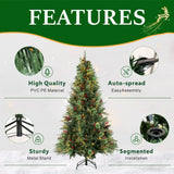 Realistic Green Artificial Christmas Tree with Pine Cones & Red Berries - Pre-Lit Warm White LED PVC Xmas Tree, Easy Setup, 5ft/6ft/7ft