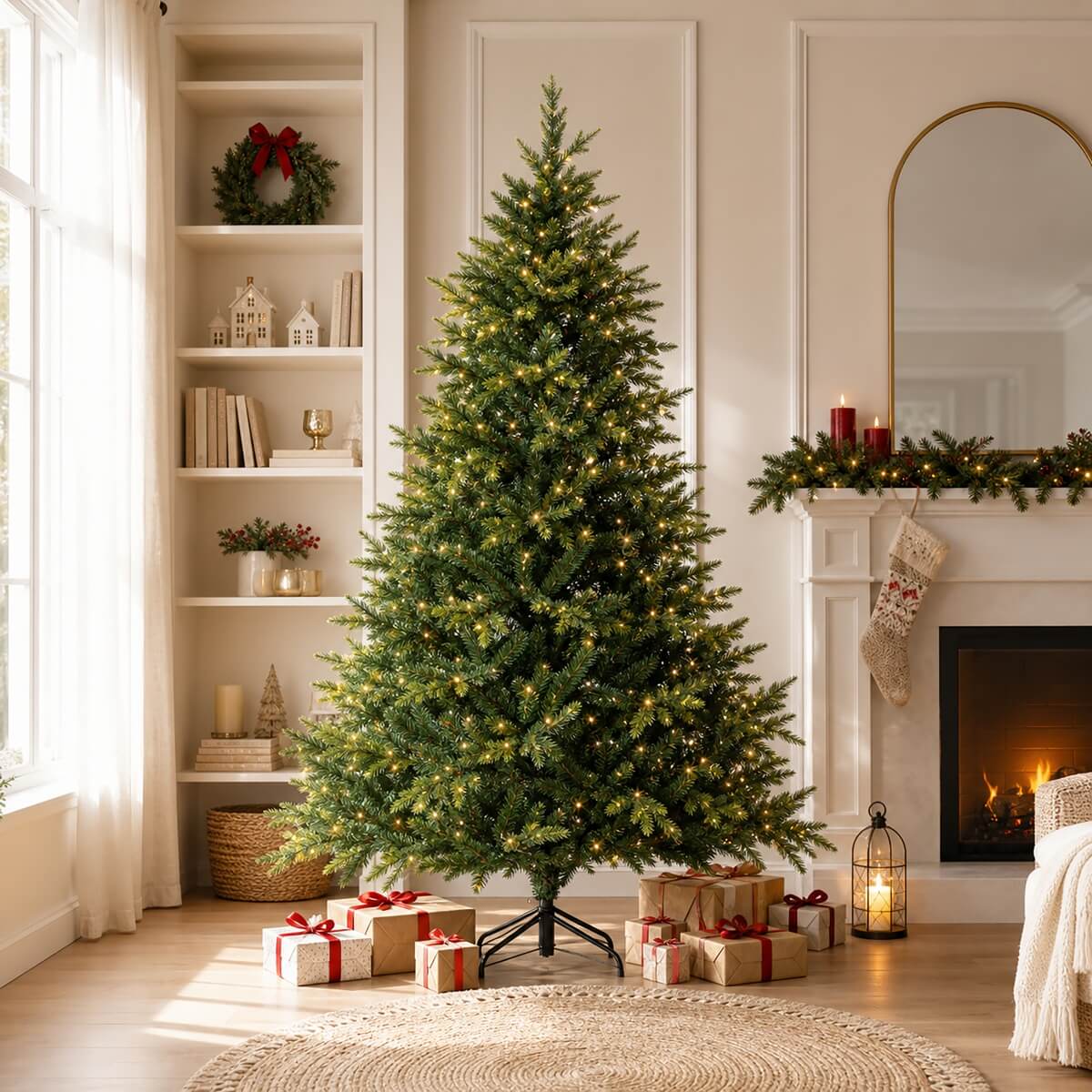 Realistic Full Green Artificial Christmas Tree - PVC & PE Mixed-Foliage Xmas Tree with Pre-Lit Warm White LED Lights, Easy Setup, 6ft/7ft/8ft