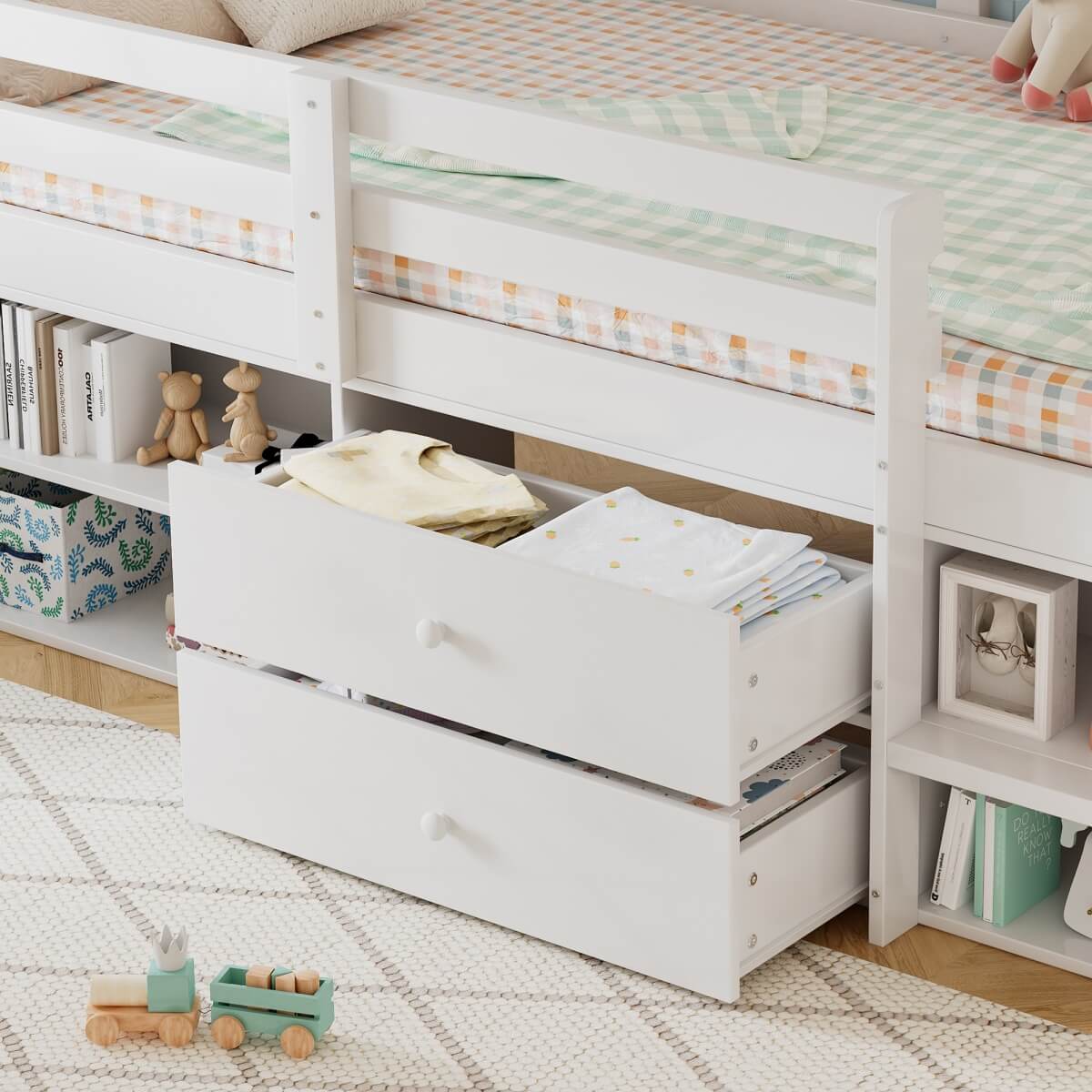 3ft Single Wooden Storage Bed for Kids - Bed Frame with Safety Guardrails, 2 Drawers, Storage Compartments & Upholstered Headboard, White
