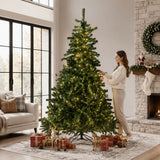 Realistic Full Green Artificial Christmas Tree - PVC Xmas Tree with Pre-Lit Warm White LED Lights, Easy Setup & Indoor Festive Decoration, 6ft/7ft/8ft