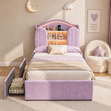 3ft Single Kids Upholstered Bed - House-Inspired LED Storage Headboard, Charging Station and 2 Reversible Drawers, Purple