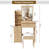 Modern Makeup Vanity Desk - 3-Mode Adjustable LED Lights, 4 Drawers, Open Storage Shelves, Hair Dryer Holder, Power Socket & Dressing Stool, Natural