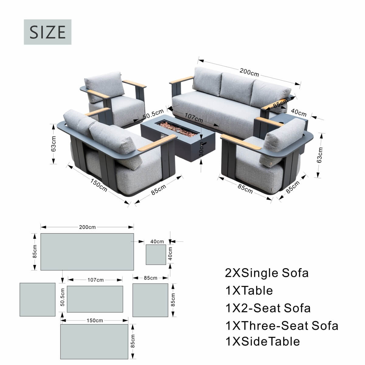 VAREL 5-Piece Sofa Set with ZENITH Fire Pit Table (Full Set)