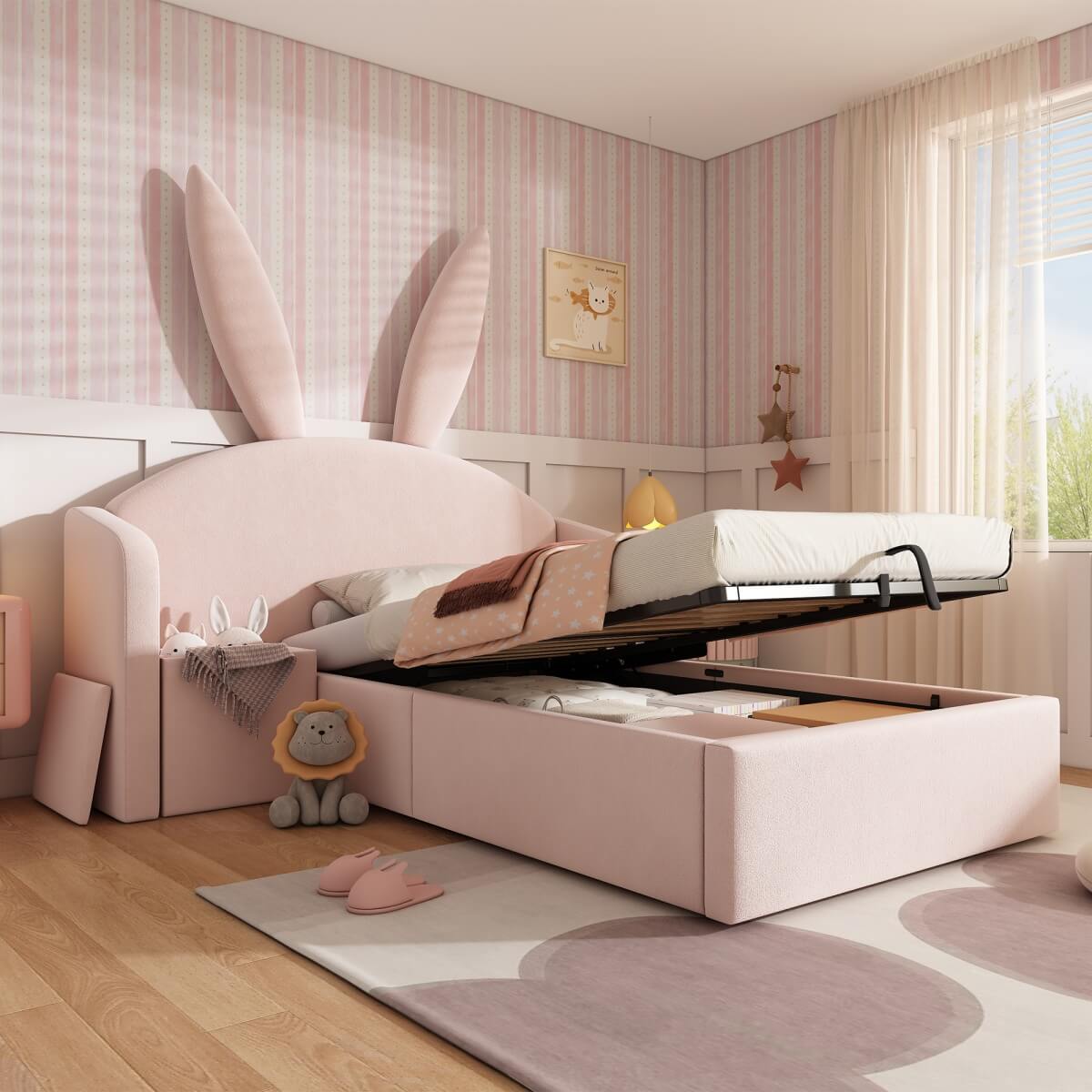 3ft Bunny Ears Kids Storage Bed with Hydraulic Lift & Bedside Shelf - Upholstered Single Bed, Rose