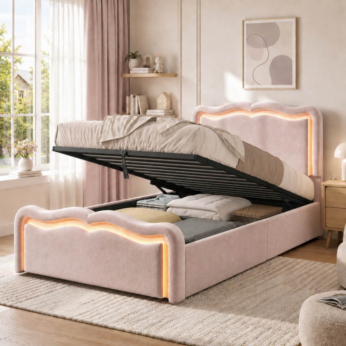 3ft Single Velvet Ottoman Storage Bed - Upholstered Hydraulic Bed with LED Lights, Wave Headboard and Metal Slatted Base, Pink
