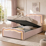 3ft Single Velvet Ottoman Storage Bed - Upholstered Hydraulic Bed with LED Lights, Wave Headboard and Metal Slatted Base, Pink