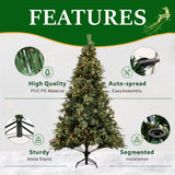 Realistic Full Green Artificial Christmas Tree with Pine Cones & Red Berries - Pre-Lit Warm White LED Lights, PVC Xmas Tree, 6.5ft/7.5ft/8.5ft