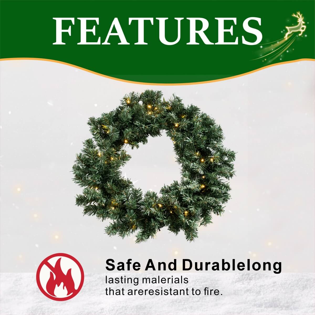Pre-Lit Artificial Christmas Wreath - Realistic PVC Foliage Wreath with Warm White LED Lights for Door & Home Decoration