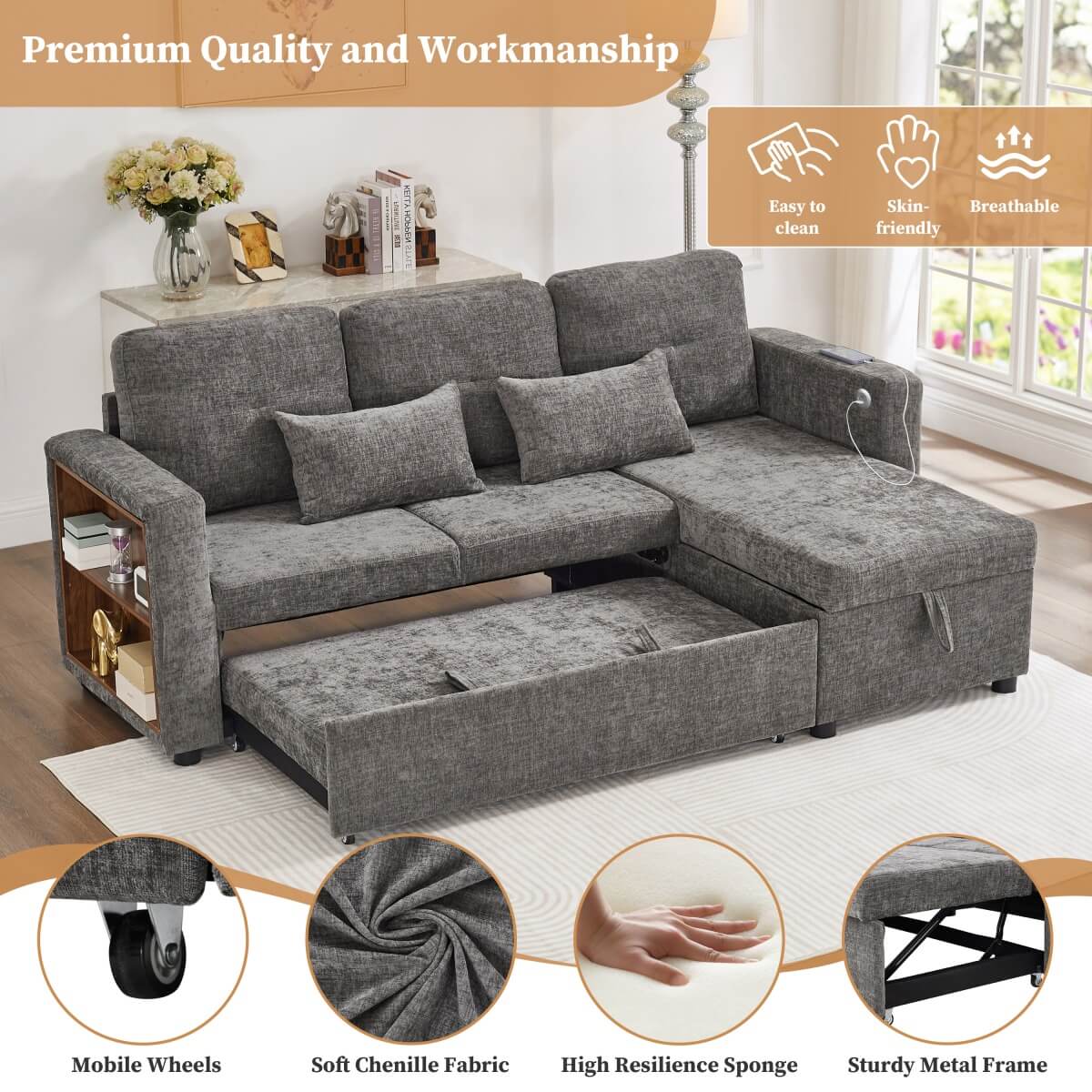 3-in-1 L-Shaped Sofa Bed - Grey Chenille Sectional Sleeper with Storage Chaise and USB/Type-C Charging